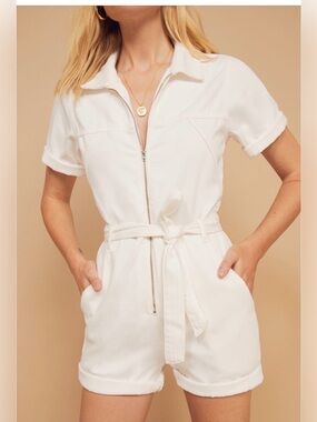 Reformation White Short-Sleeve Zip Romper